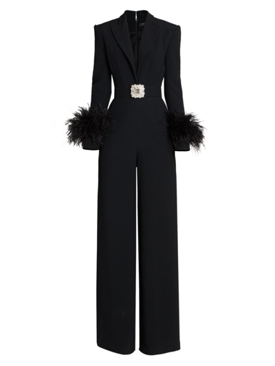 Andrew Gn Woven Belted Jumpsuit With Feather Cuffs And Crystal Detail In Black