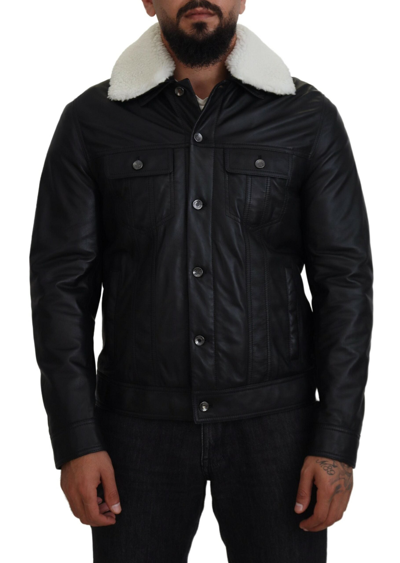 DOLCE & GABBANA BLACK LAMB LEATHER COLLARED MEN COAT JACKET