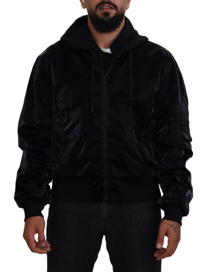 DOLCE & GABBANA BLACK NYLON HOODED FULL ZIP BOMBER JACKET