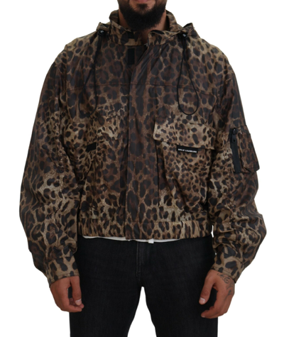 Dolce & Gabbana Brown Leopard Print Men Hooded Jacket