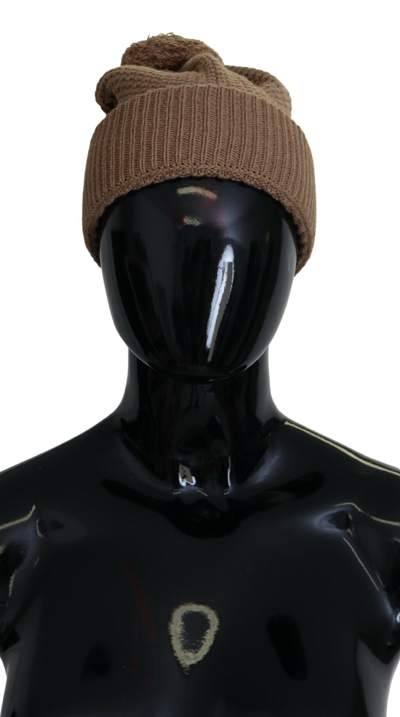 DOLCE & GABBANA BROWN SOLID KNITTED FUR BALL WINTER BEANIE HAT