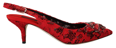 Dolce & Gabbana Red Crystals Heel Slingback Mary Jane Shoes