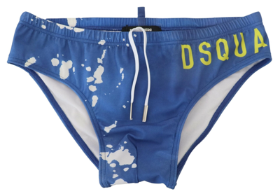 Dsquared² Blue White Logo Print Men Swim Brief Swimwear In Blue And White