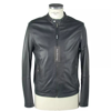 Emilio Romanelli Elegant Brown Leather Zip Jacket In Blue