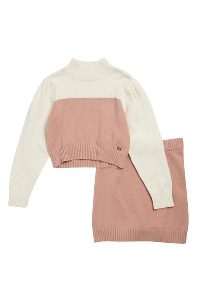 Bcbg Kids' Colorblock Sweater & Skirt Set In Dusty Rose