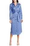 RAILS LACEY STRIPE TIE FRONT LONG SLEEVE SATEEN SHIRTDRESS