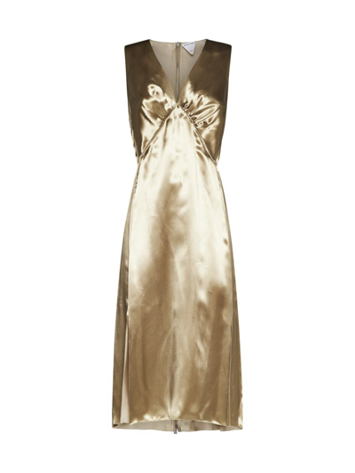 Bottega Veneta Fluid Satin Midi Dress In Sesame