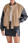 STEVE MADDEN FLORENCE FAUX SHEARLING & FAUX LEATHER VARSITY JACKET