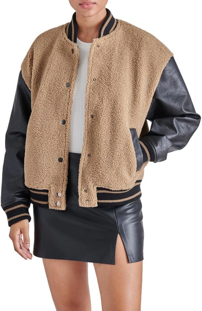 Steve Madden Florence Mixed Media Bomber Jacket In Brown