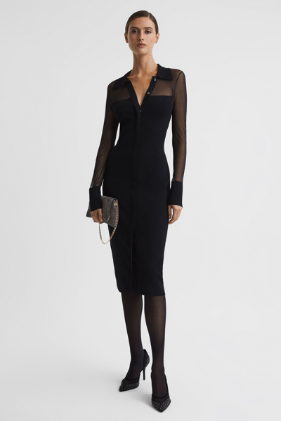 Reiss Nala - Black Sheer Knitted Button-through Midi Dress, L