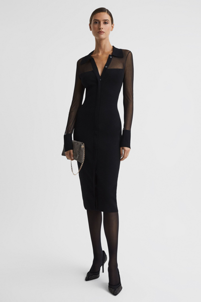 Reiss Black Nala Sheer Knitted Button-through Midi Dress