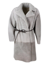 Fabiana Filippi Long Coat In Reversible Shearling Sheepskin With Belt At The Waist And One Button Closure In Grey