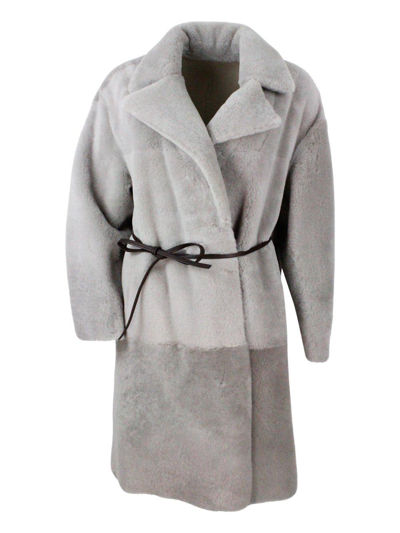 Fabiana Filippi Long Coat In Reversible Shearling Sheepskin With Belt At The Waist And One Button Closure In Multi