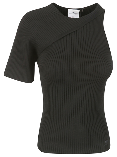 Courrèges Asymetrical Wave Rib Knit Sweater In Black