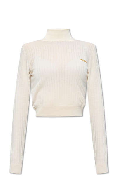 Marni Wool & Silk Ribbed Turtleneck Sweater In White