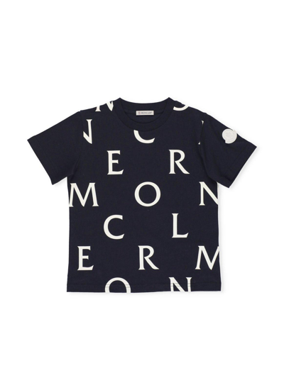 Moncler Kids' Logo Printed Crewneck T-shirt In (blu)