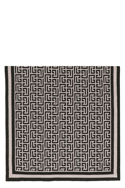 Balmain Wool Scarf With  Monogram In Ivoire Noir