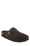 Birkenstock Boston Shearling-trimmed Suede Slippers In Black