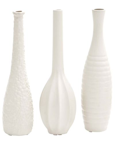 Cosmoliving By Cosmopolitan Set Of 3 White Ceramic Slim Textured Bottleneck Vase With Varying Patter