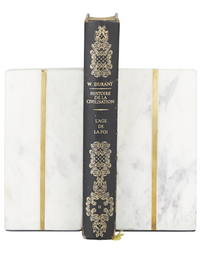 Cosmoliving By Cosmopolitan Set Of 2 Geometric White Marble Bookends With Gold Inlay