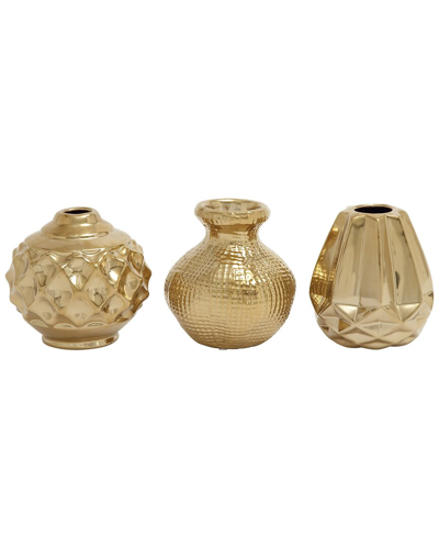 Cosmoliving By Cosmopolitan Set Of 3 Gold Ceramic Vase With Varying Patterns