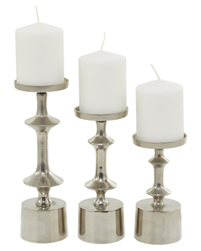 Cosmoliving By Cosmopolitan Set Of 3 Silver Aluminum Pillar Candle Holder
