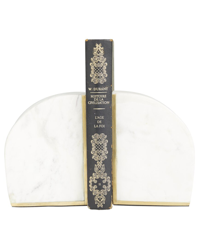 Cosmoliving By Cosmopolitan Set Of 2 Geometric White Marble Bookends With Gold Inlay
