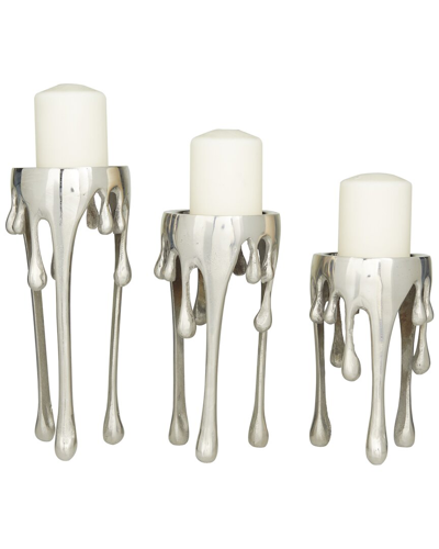 Cosmoliving By Cosmopolitan Set Of 3 Silver Aluminum Abstract Pillar Drip Candle Holder With Melting