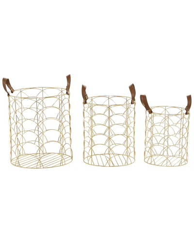 Cosmoliving By Cosmopolitan Set Of 3 Gold Metal Storage Basket With Faux Leather Handles In Silver