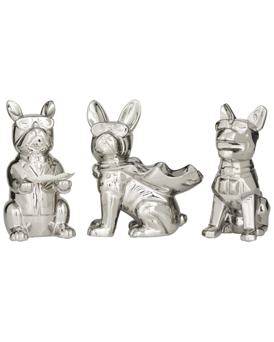 Cosmoliving By Cosmopolitan Set Of 3 Bulldog Silver Porcelain Sculpture With Sunglasses