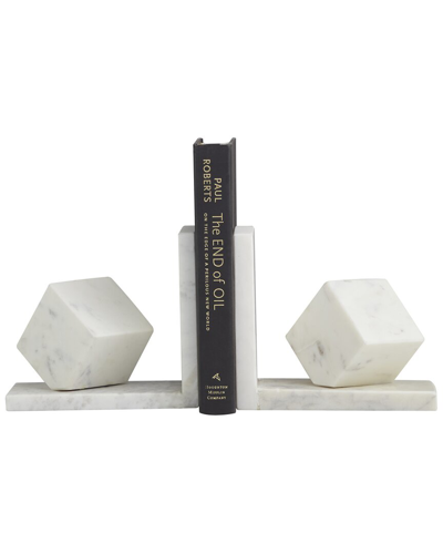 Cosmoliving By Cosmopolitan Set Of 2 Geometric White Marble Cube Bookends