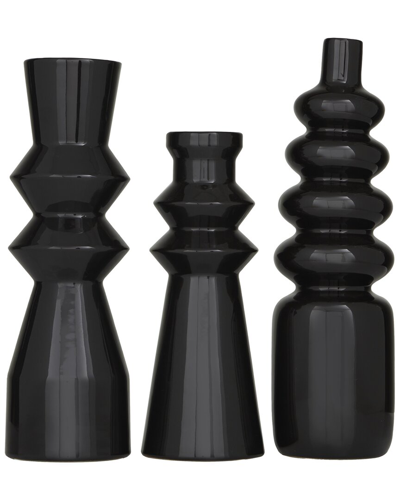 Cosmoliving By Cosmopolitan Set Of 3 Black Ceramic Vase With Fluted Designs