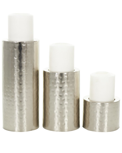 Cosmoliving By Cosmopolitan Set Of 3 Silver Metal Handmade Pillar Candle Holder