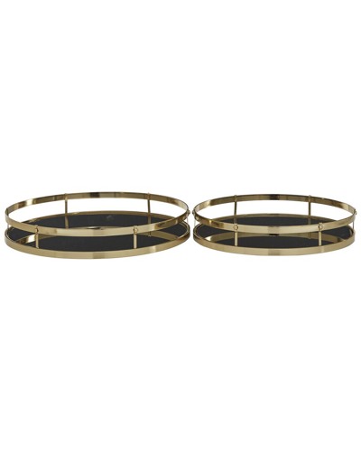Cosmoliving By Cosmopolitan Set Of 2 Gold Metal Tray With Black Glass