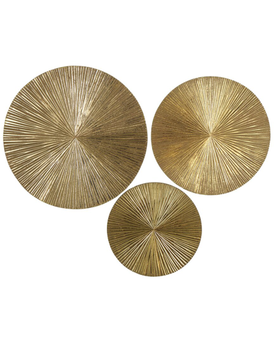 Cosmoliving By Cosmopolitan Set Of 3 Plate Gold Wooden Carved Radial Wall Decor