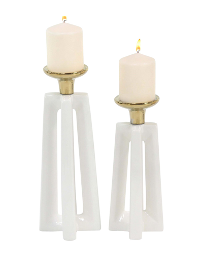 Cosmoliving By Cosmopolitan Set Of 2 White Ceramic Candle Holder