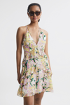 REISS ANDI - YELLOW FLORAL STRAPPY MINI DRESS, US 12