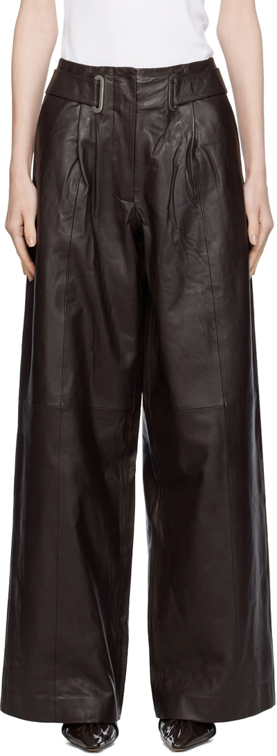 Remain Birger Christensen Brown Wide Eyelet Leather Trousers In 19-0915 Coffee Bean