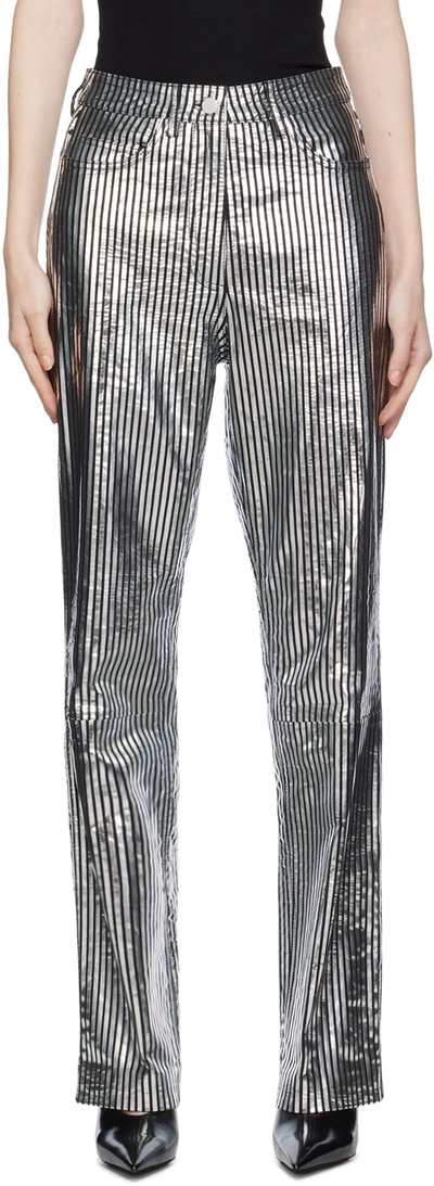 Remain Birger Christensen Striped Metallic Leather Straight-leg Pants In 1000 Black Comb.