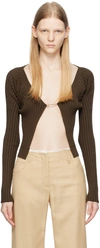 Jacquemus 'la Maille Pralu Longue' Brown Ribbed Cardigan With Logo Charm In Viscose Woman In 880 Dark Brown