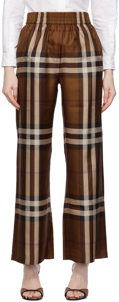 Burberry Dark Birch Brown Check-motif Silk Trousers