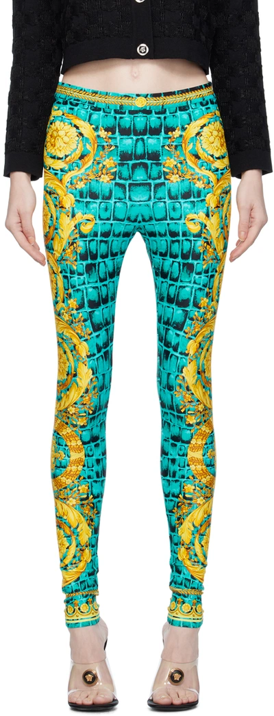 Versace Blue Baroccodile Leggings In 5x340-glacier Green+