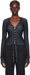 Dion Lee Bichrome Ribbed Lace-up Cardigan In Black/storm Blue
