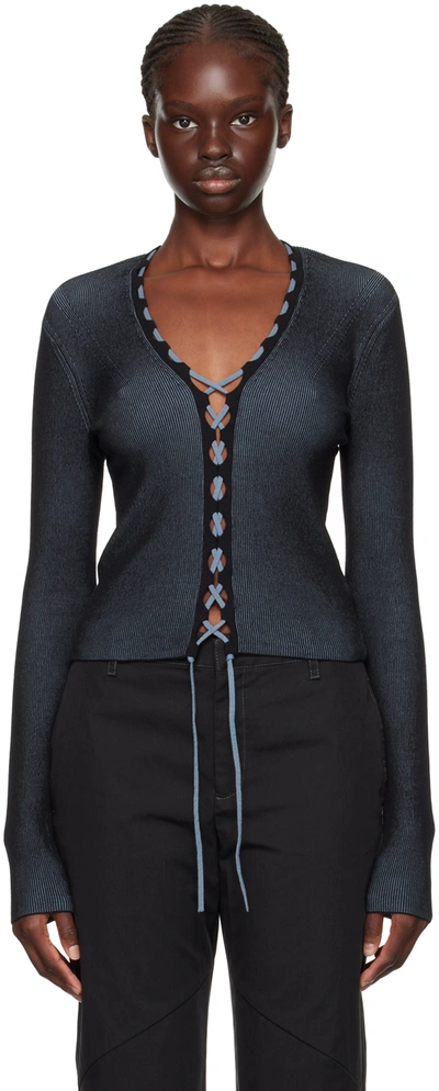 Dion Lee Bichrome Ribbed Lace-up Cardigan In Black/storm Blue