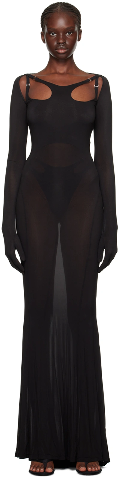 Dion Lee Gloved Sheer Jersey Long Cutout Dress In Black