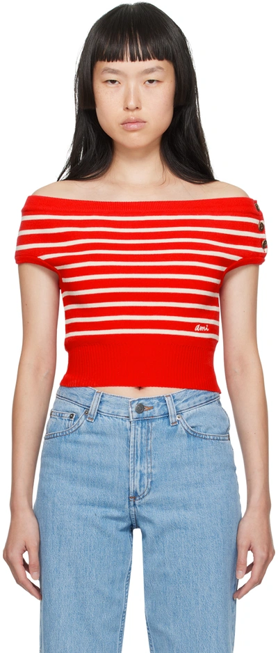 Ami Alexandre Mattiussi Red Sailor T-shirt In 682 Scarlet Red/natu