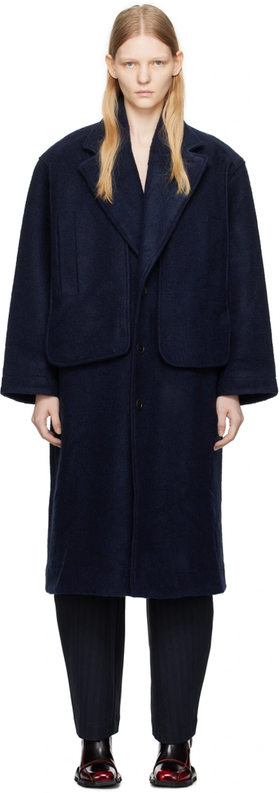 Henrik Vibskov Double-breasted Wool Coat In Navy Black Melange