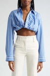 Jacquemus La Chemise Bahia Courte Cropped Button-front Shirt In Blue Stripes