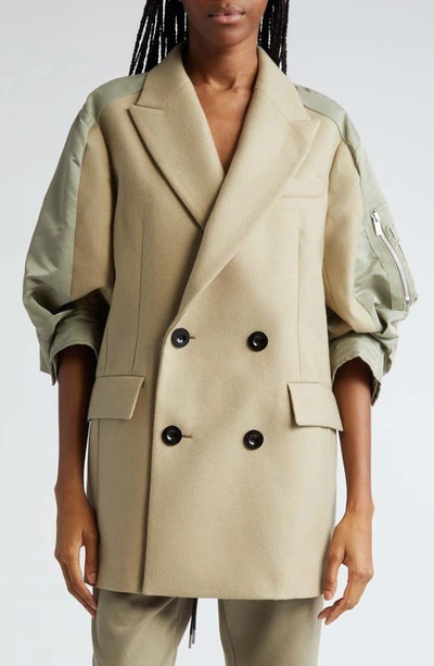 Sacai Double-breasted Wool Jacket In Beige