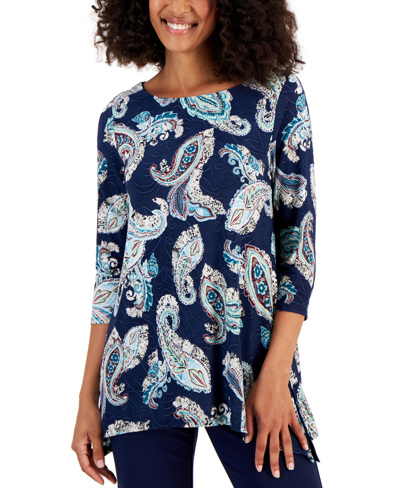 Jm Collection Petite Python Paisley Swing Jacquard Top, Created For Macy's In Intrepid Blue Combo